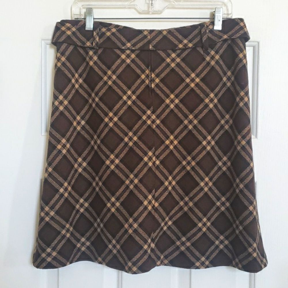 Vintage 90s Plaid Wool Belted Skirt • Brown Tan Brass Buckle Academia • Medium - Picture 3 of 9